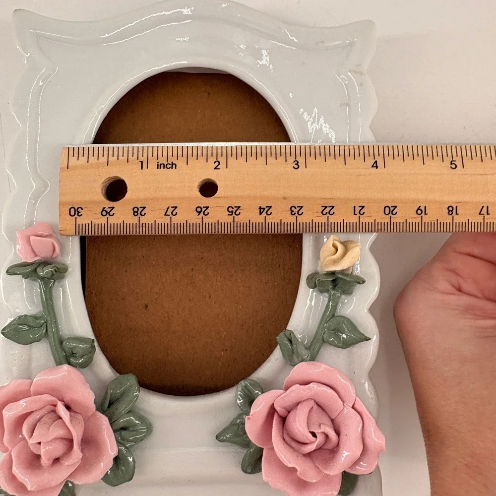 Vintage White Ceramic 3x5 or 4x6 Photo Frame with Pink Roses - Cottagecore